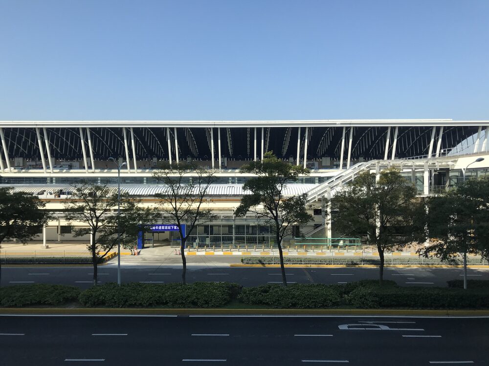 Exterior of Pudong Airport Terminal 1 seen across the road from the Maglev station